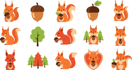 Cute Squirrel Cartoon Vector Set with Acorn Forest and Woodland Elements © Afjal12