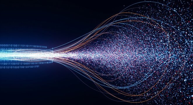 Abstract digital data stream with binary code and glowing particles for high speed network connectivity and artificial intelligence concepts