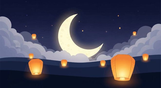 Vector illustration of a large glowing crescent moon positioned behind soft clouds in a dark blue starry night sky with several floating orange sky lanterns and hills.