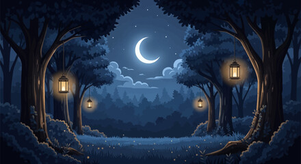 Obraz premium Vector illustration of a night forest clearing under a bright crescent moon and starry sky with clouds, featuring glowing lanterns hanging from trees and fireflies in the grass.
