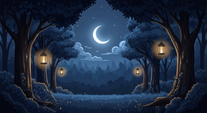 Vector illustration of a night forest clearing under a bright crescent moon and starry sky with clouds, featuring glowing lanterns hanging from trees and fireflies in the grass.