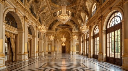 Obraz premium Elegant hall with chandeliers, arched windows, and ornate ceiling, featuring marble floors