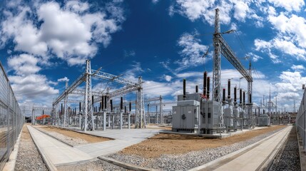 Fototapeta premium Vast Power Substation with High Voltage Equipment Under Bright Blue Sky Featuring Electric Transformers, Transmission Lines, and Modern Infrastructure in an Industrial Setting