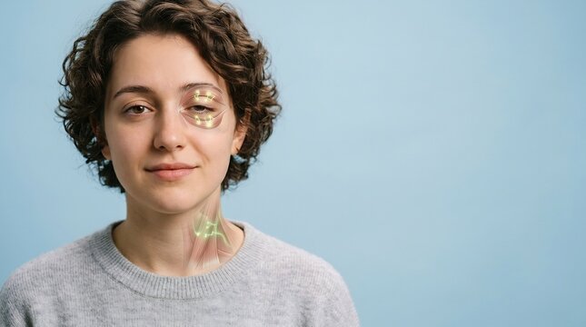 Young woman shows an overlay of facial nerve and neck anatomy to illustrate potential medical conditions such as neuralgia or neurological pain affecting her appearance in a studio environment.