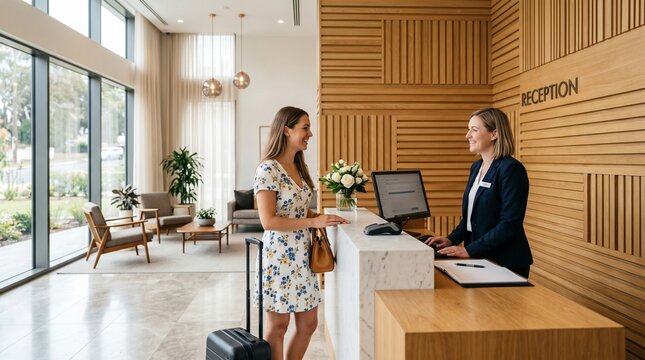 Professional receptionist assisting guest at modern hotel lobby with warm lighting