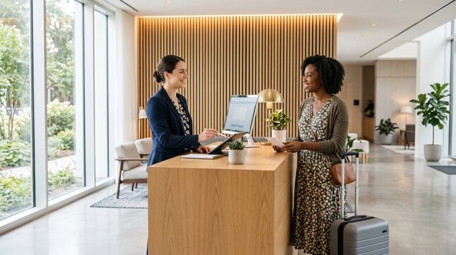 Professional receptionist assisting guests at modern hotel lobby with warm natural lighting