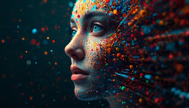 Woman face with colorful paint splashes and data particles surreal mixed media artwork modern composition