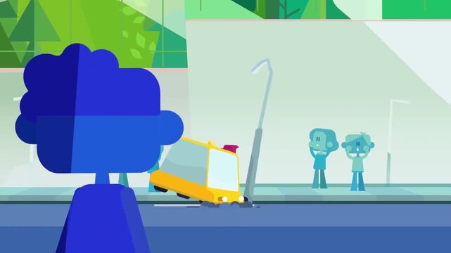 Electric Car Crashing into Street Lamppost Near EV Charging Station Accident Concept 2D Animation