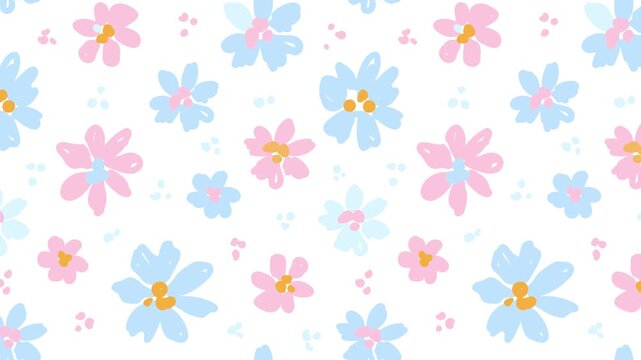 Looping floral moving seamless pattern. Motion animation. Delicate pink, blue flowers on a white background.