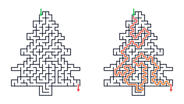 Christmas tree maze design with solution path illustration  