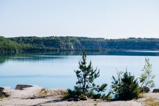 Turquoise Quarry Lake Pine Trees Panorama Summer
