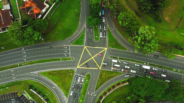 Overhead view intersection road in Malaysia. Slow motion