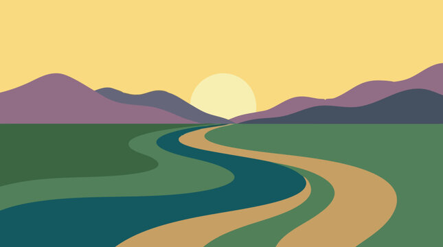 Minimalist landscape illustration with winding river, path, mountains, and sun