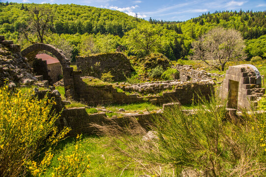 Ruins of an ancient building in a green area with trees and blue sky