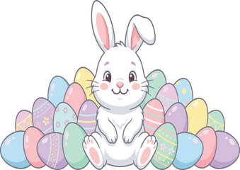Obraz premium Cute Easter bunny sitting among pile of colorful eggs, spring holiday vector illustration icon