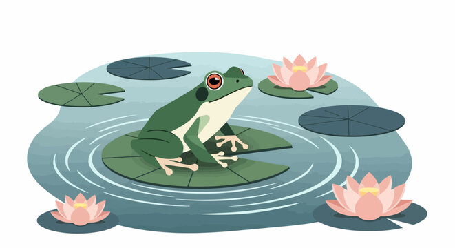 Green frog resting on a lily pad in a pond.