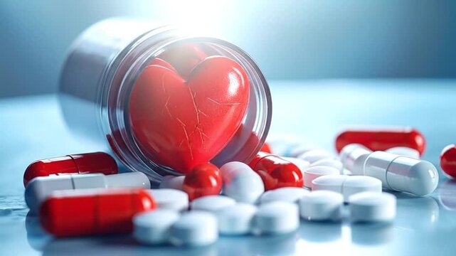 A red heart shape inside a medicine bottle with pills around it