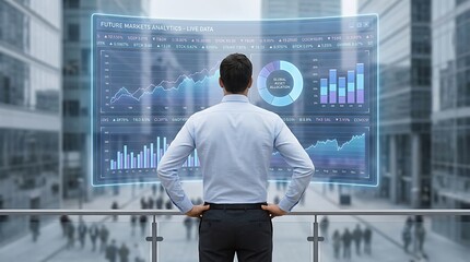 Fototapeta premium Man Analyzing Futuristic Financial Data Hologram