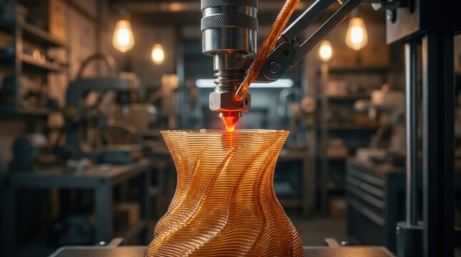 Close-up of an industrial 3D printer nozzle extruding molten translucent amber thermoplastic filament to create a complex spiral-textured geometric vase in a blurred workshop.