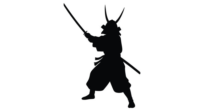 Samurai warrior with swords in fighting pose silhouette