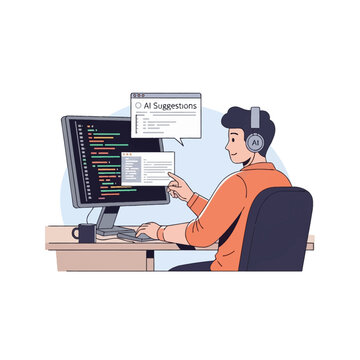 Flat vector illustration of a male software developer at a computer desk coding with an AI suggestions window popup, using artificial intelligence assistant for programming.