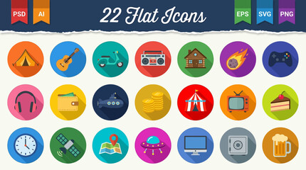Collection of 22 professionally designed flat vector icons featuring diverse themes like music, travel, gaming, and finance, each enclosed in a vibrant circle with a modern long shadow effect. © Ayong