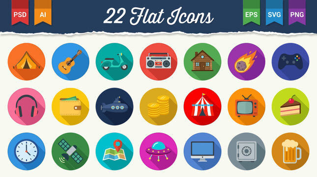 Collection of 22 professionally designed flat vector icons featuring diverse themes like music, travel, gaming, and finance, each enclosed in a vibrant circle with a modern long shadow effect.