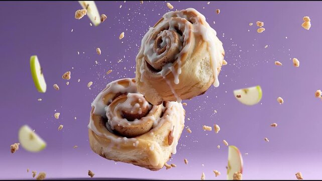 Floating cinnamon rolls with icing and crumbs on pastel background, creative food levitation concept with soft lighting and minimal aesthetic