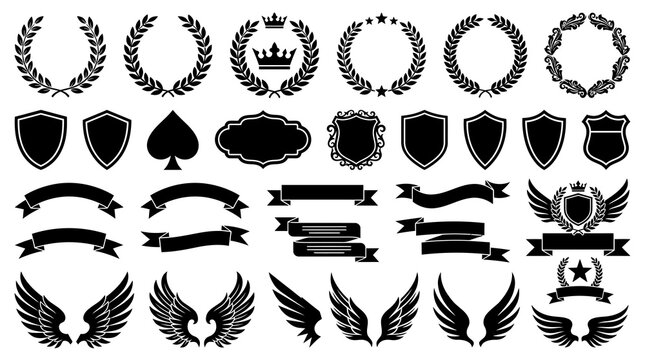 Comprehensive Collection of Black Heraldic Vector Elements Featuring Laurel Wreaths, Shields, Royal Crowns, Wings, and Ribbon Banners for Logo Design, Certificates, and Classic Branding Emblems.