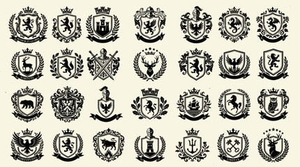 Set of 28 vintage heraldic crests and coats of arms featuring lions, eagles, dragons, and knights. Medieval style shields and emblems for branding, logos, family heritage, and royal identity design. © Ayong