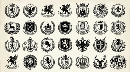 Large collection of vintage heraldic crests, shields, and emblems featuring lions, eagles, griffins, and crowns for luxury branding, security logos, and medieval historical design projects.