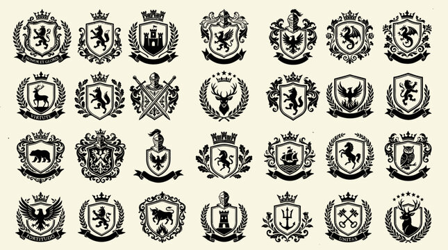 Set of 28 vintage heraldic crests and coats of arms featuring lions, eagles, dragons, and knights. Medieval style shields and emblems for branding, logos, family heritage, and royal identity design.