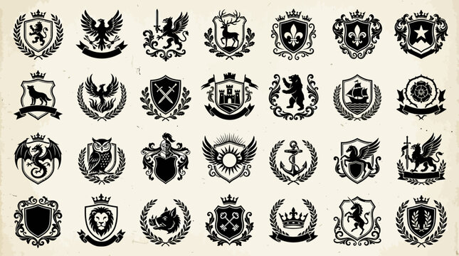 Collection of Vintage Medieval Heraldic Crests and Royal Coat of Arms Emblems Featuring Lion, Eagle, Dragon, Wolf, and Knight Symbols for Branding, Logo Design, and Royal Themed Graphic Projects