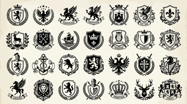 Large collection of vintage heraldic crests, shields, and emblems featuring lions, eagles, griffins, and crowns for luxury branding, security logos, and medieval historical design projects.