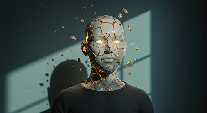 Cyborg face with glowing eyes disintegrating.