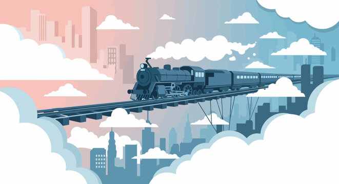 Vintage Steam Train Traveling on Elevated Tracks Above City.