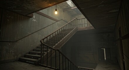 Fototapeta premium Dark staircase with metal railing indoors.