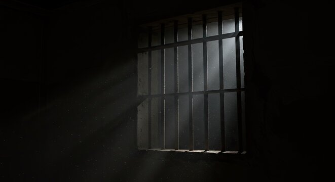 Dark prison cell with barred window.