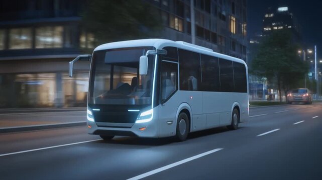 A white electric bus drives down a city street at night with lights on.