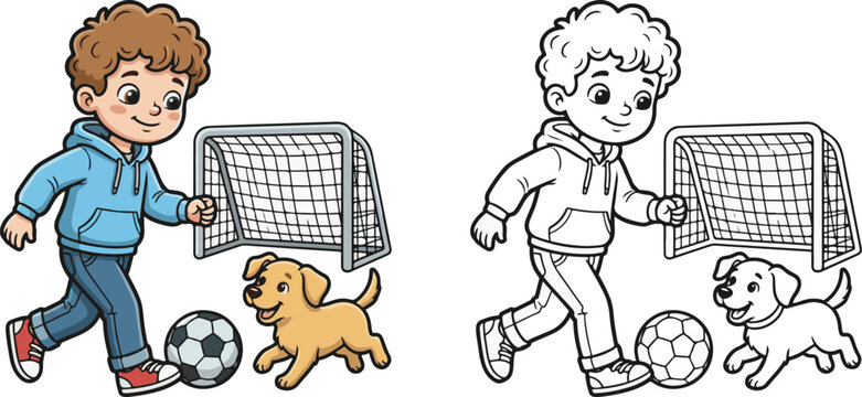 boy and his dog, funny cartoon zombie with gun, girl and boy with dog, happy family in the grass, happy family in the garden, coloring book clip art, line art, children are playing football.

