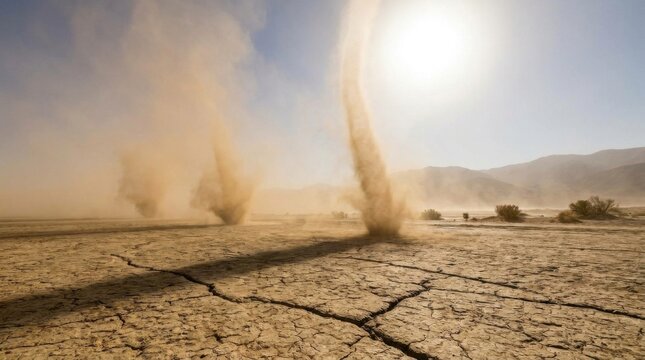 Multiple dust devils and sand whirlwinds swirling across a dry cracked desert landscape with parched earth under a bright sun with mountains in the distant hazy background.