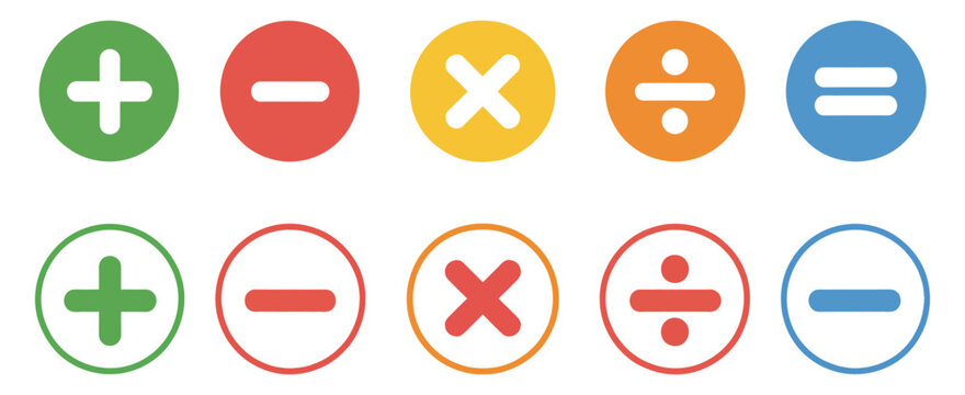 Plus and minus icons displaying mathematical symbols, calculator buttons, and finance operation signs for business, accounting, and digital interface design. Vector illustration.
