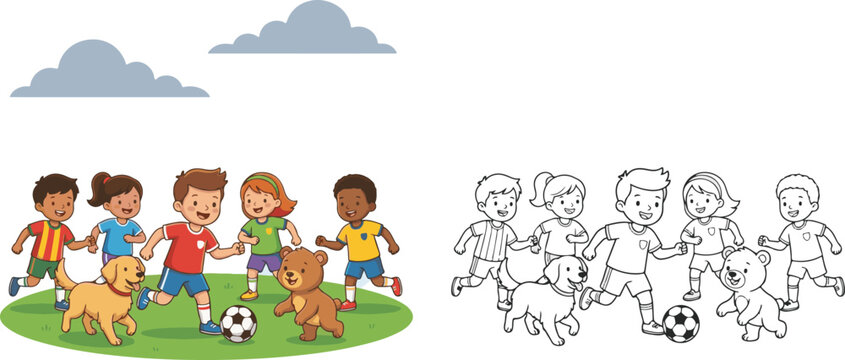 people around the world map, funny cartoon zombie with gun, girl and boy with dog, happy family in the grass,  coloring book clip art, line art, children are playing football.