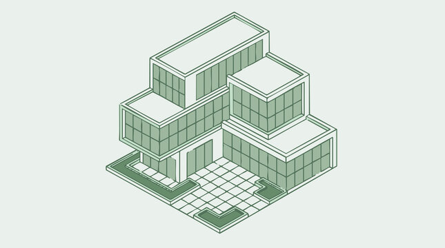 Isometric illustration of a modern multi-level green architectural building