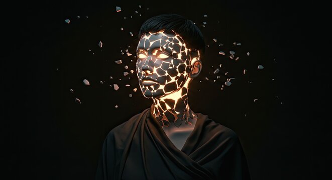 Disintegrating face of a man.