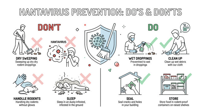 Hantavirus prevention dos and donts educational infographic vector illustration showing safety guidelines for rodent control. EPS Editable. Vector Illustrations.