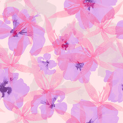 Watercolor inky flowers seamless floral pattern on pink background © AineGing