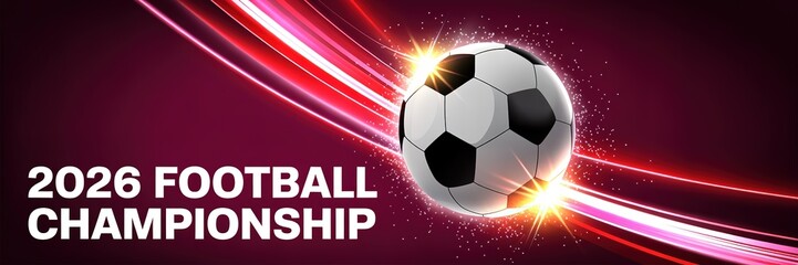 Naklejka premium Dynamic Neon Lit Soccer Stadium Backdrop Featuring World Cup Football Trophy Against Deep Navy and Electric Purple Gradient for Sports Event Promotions