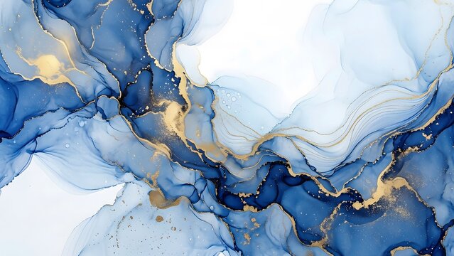 Abstract Luxury Blue and Gold Marble Ink Background, Fluid Alcohol Art Texture with Negative Space