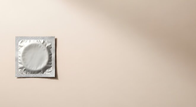 Silver condom wrapper on beige background, safe sex concept banner